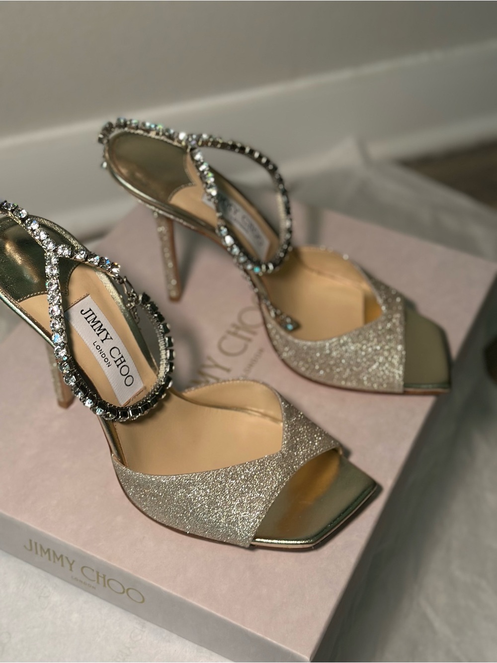 Jimmy Choo Gold Glitter Open-Toe Heels with Crystal Ankle Straps - Picture 3 of 7